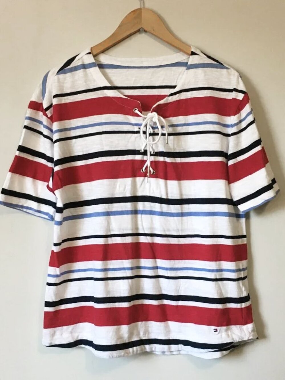 Tommy Hilfiger Red Blue B&W Stripe Tie Up Collar Half Sleeve Tee L Coastal Boho